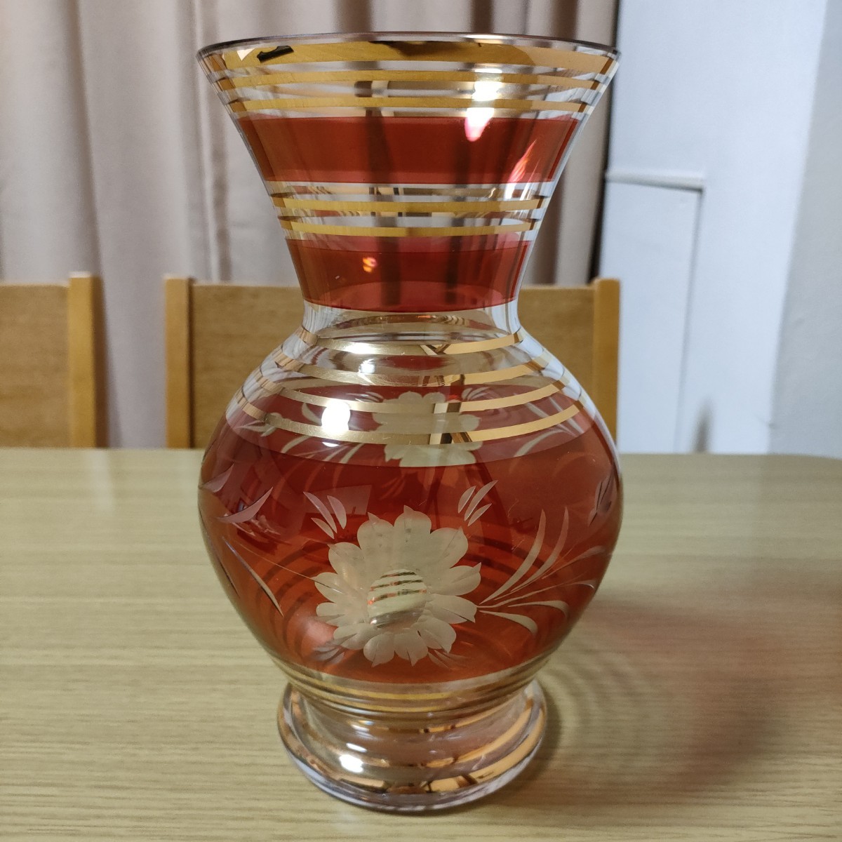 ☆BOHEMIA ボヘミアグラス フラワーベース 花瓶 金彩 切子 チェコ