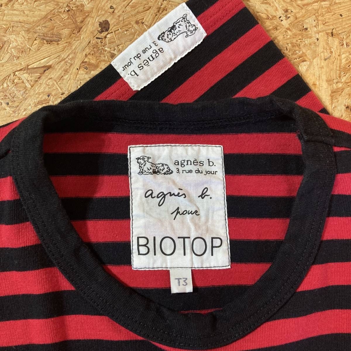 agnes b レディース BIOTOP ボーダー 半袖 Tシャツ T3 コラボ 別注 限定 ビオトープ_画像3