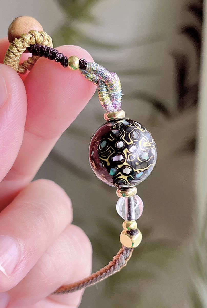 天然木 高級品 大漆珠貝殻モザイクの数珠.仏珠.ブレスレット（番号A2567）