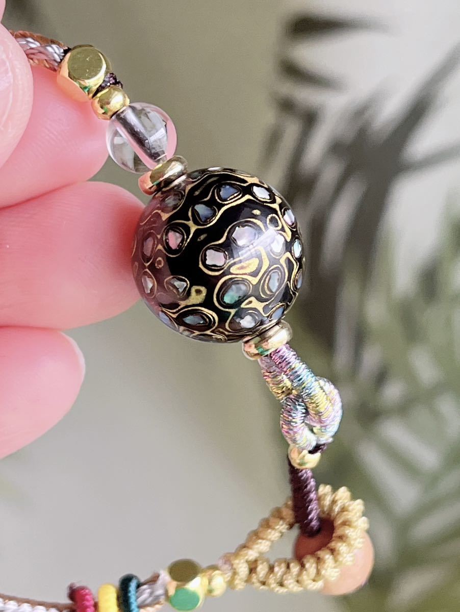 天然木 高級品 大漆珠貝殻モザイクの数珠.仏珠.ブレスレット（番号A2567）