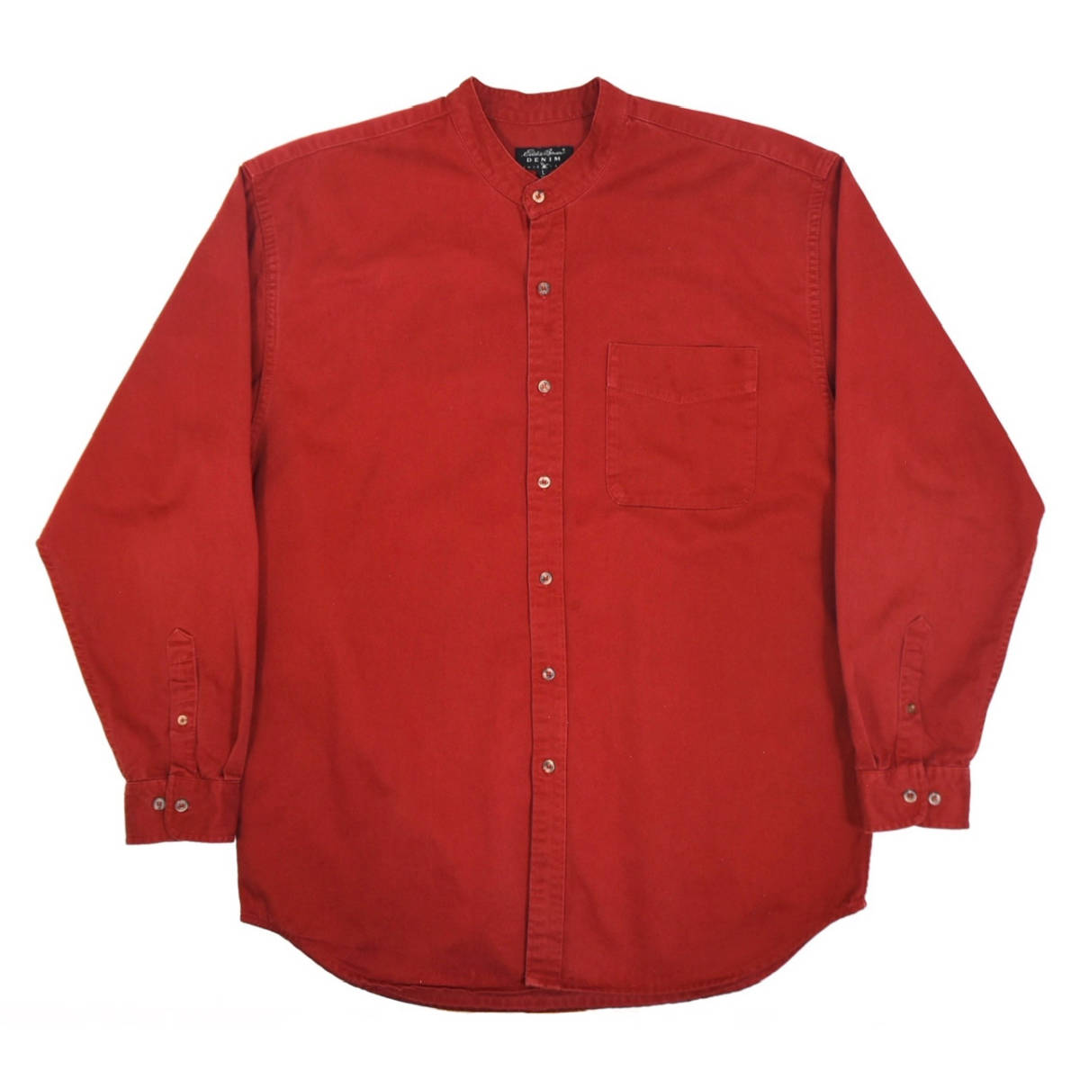 1990s Eddie Bauer Denim L/S shirts L Red brown オールドエディーバウアー ノーカラーコットン長袖シャツ デニム地 レッドブラウン