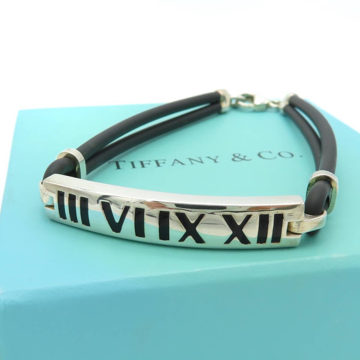 希少 美品 Tiffany&Co. ティファニー アトラス ブラック ラバー サーファー シルバー ブレスレット SV925 QQ55_画像1