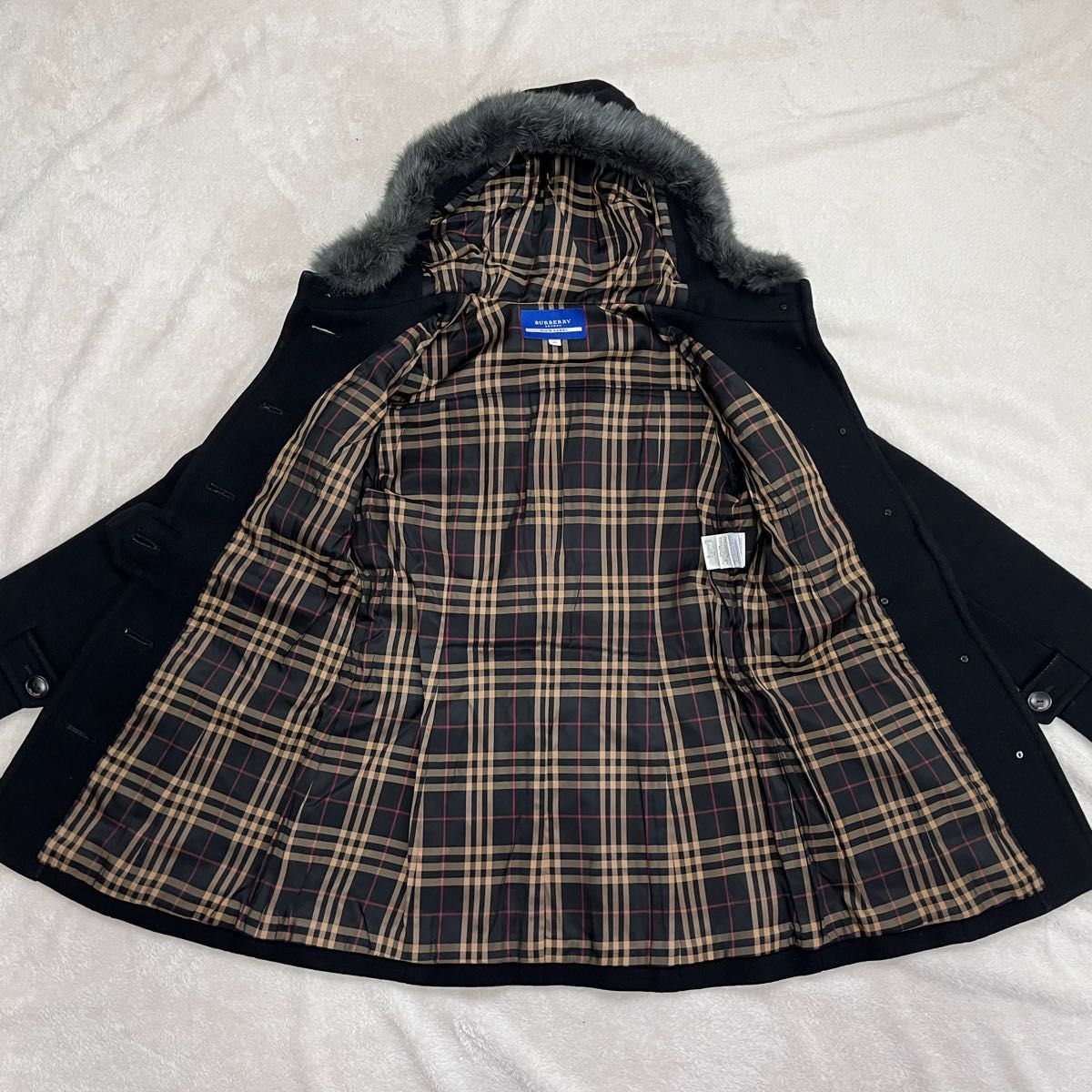 バーバリーブルーレーベルBURBERRY ノヴァチェック ファー付ダッフル