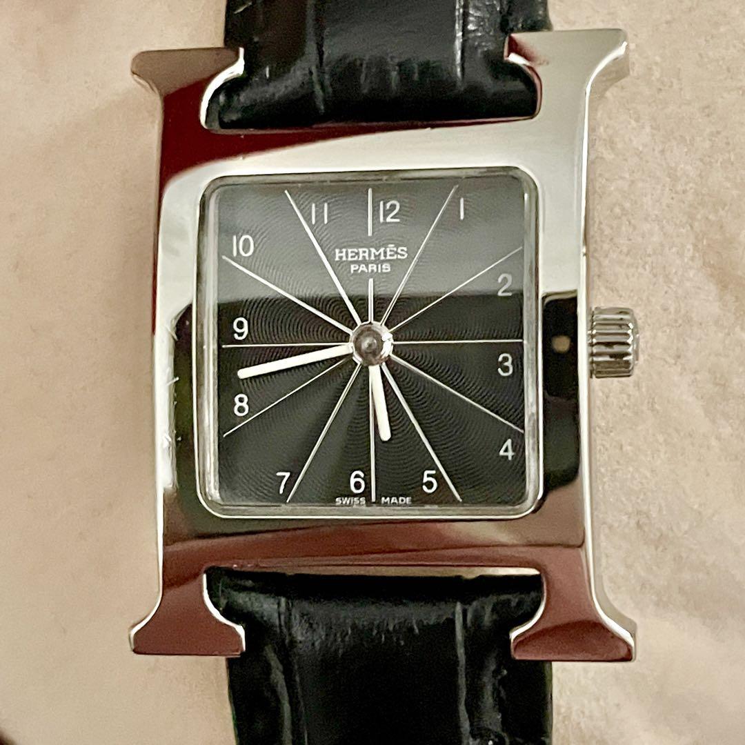 T270 分解整備・磨き済 HERMES エルメス Hウォッチ HH1.210 黒文字盤×黒ストラップ クォーツ 電池式 腕時計 箱付