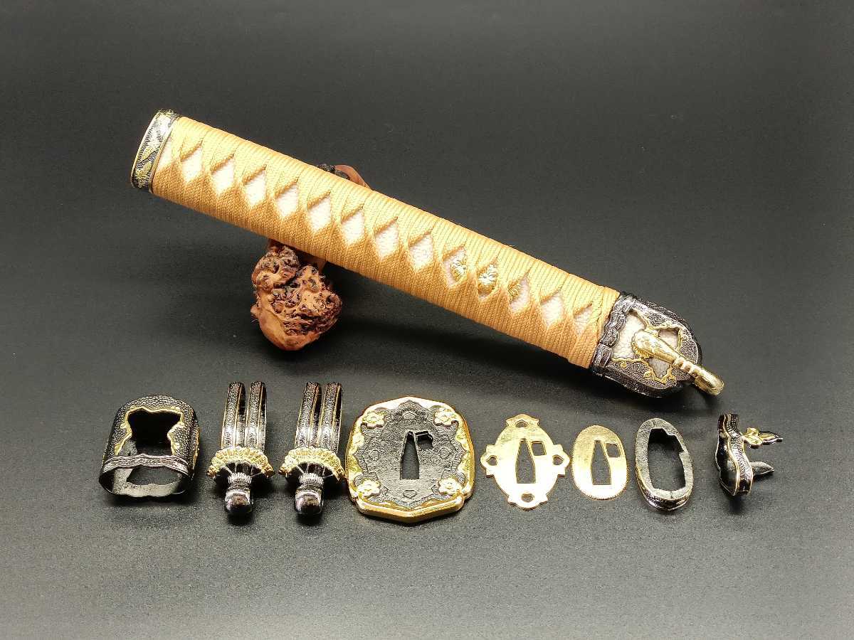 日本刀柄 軍刀柄 鞘金具新品 二環吊 合金製 本鮫皮 茶綿巻 軍刀拵 目釘