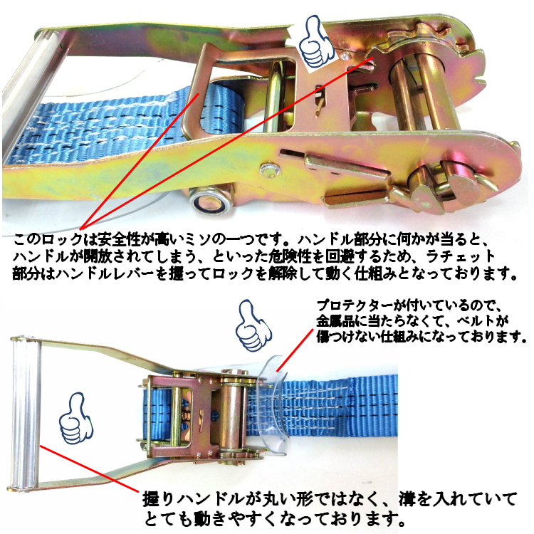 ラッシングベルト　セフティフック仕様 7m+1m/幅50mm 定格荷重4000kg Jフック ラッシングベルト トラック用 ラチェットベルト タイダウン_画像2