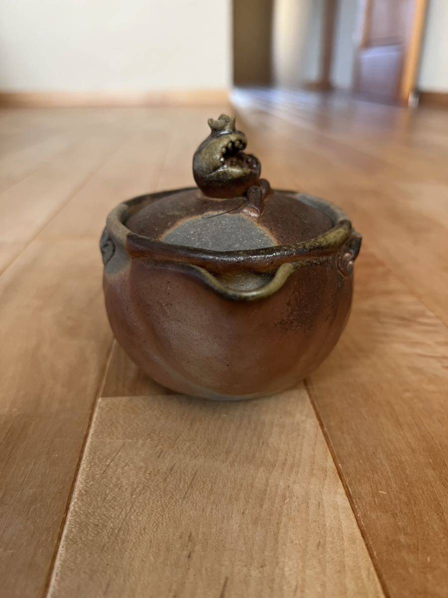 備前焼 川上忠美(陶印有)作 柘榴摘み 宝瓶急須 手造 共箱 茶道具 煎茶