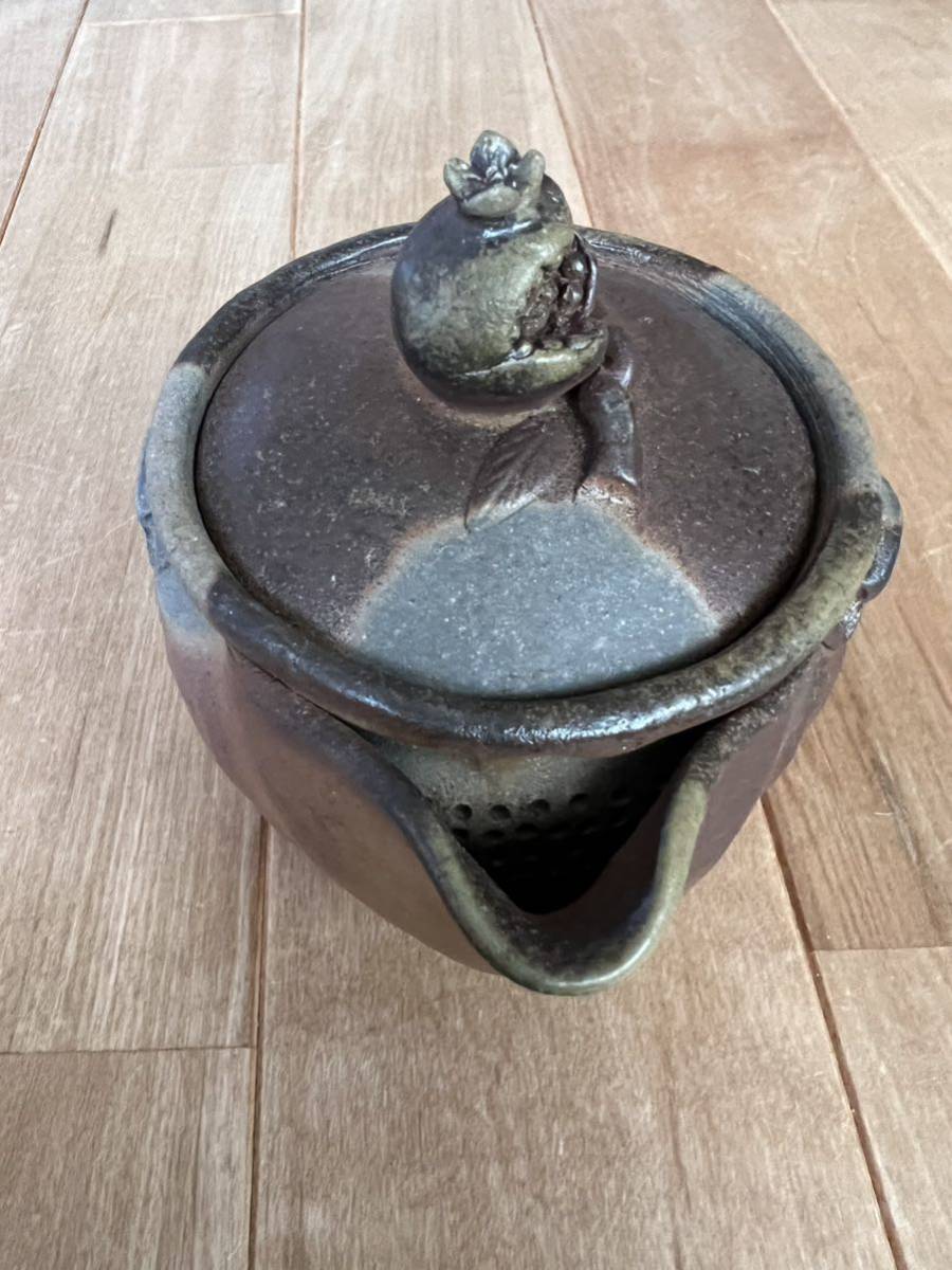 備前焼 川上忠美(陶印有)作 柘榴摘み 宝瓶急須 手造 共箱 茶道具 煎茶