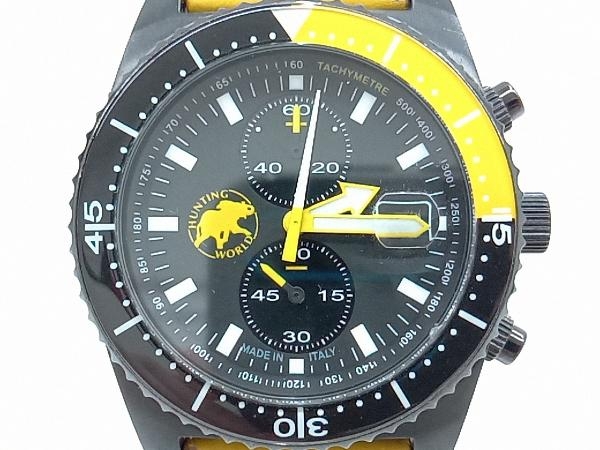 ジャンク HUNTING WORLD ハンティング・ワールド HW-006 メンズ腕時計 デイト ブラック×イエロー クロノグラフ 電池式 クォーツ 不動品