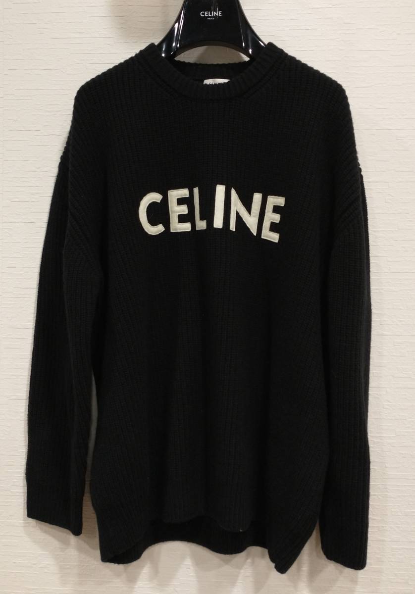 CELINE ホワイトロゴ クルーネック オーバーサイズ ニット 2A09T423P ウール ブラック ハンガー付き セリーヌ_画像1