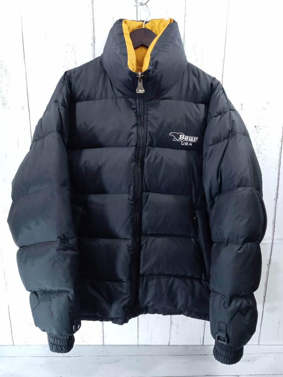 Bear USA ベア 90s リバーシブル ダウンジャケット 極厚 刺繍ロゴ ジップアップ メンズ サイズ L ブラック × イエロー 店舗受取可