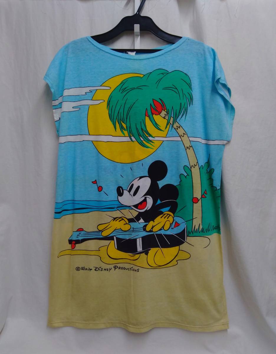 [80sVintage] Mickey Mouse ビーチ ノースリーブ Ｔシャツ 水色 ライトブルー ビンテージ ディズニー 古着 オーバーサイズ ミッキー