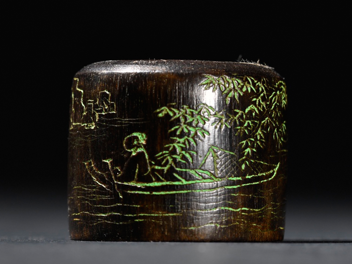 ◆御泓軒◆『清・珍材彫・山水人物物語板指・非常に良い香り』極細工・古賞物・中国古玩・中国古美術