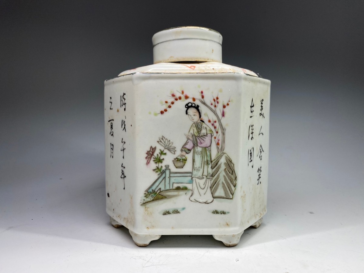 N3 京都買取品 中国陶器 粉彩美人画 六角茶壺罐 茶壷 在銘 煎茶碗茶叶