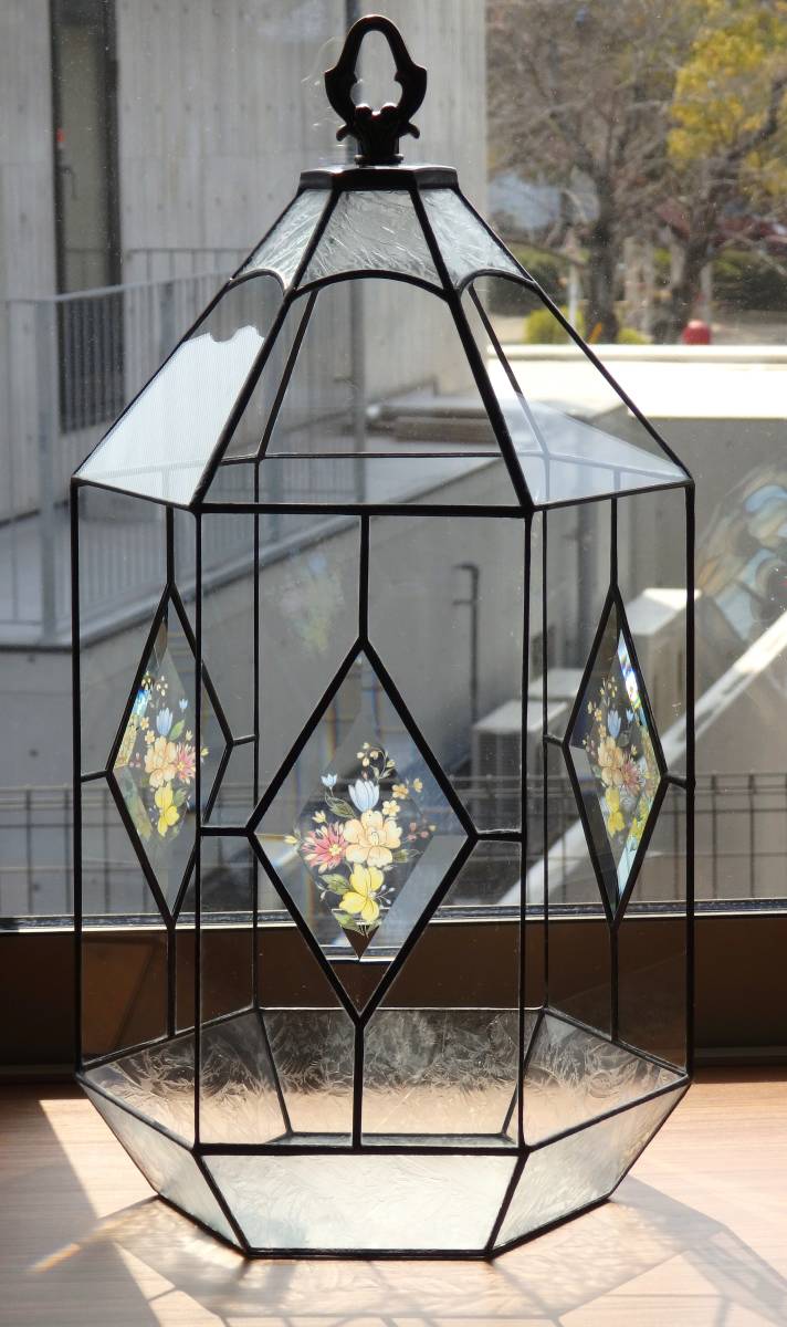 新品ステンドグラス☆六角形のテラリウム　花のブーケの焼き付けガラス入り_画像1