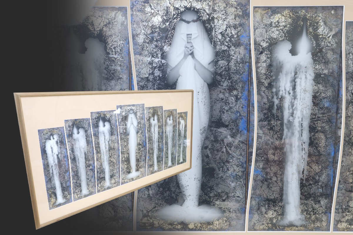 柴崎千郷 「蝋燭と祈る人・青」 ミクストメディア シュルレアリスム画 大型額装品 / 現代アート 写真 宗教画