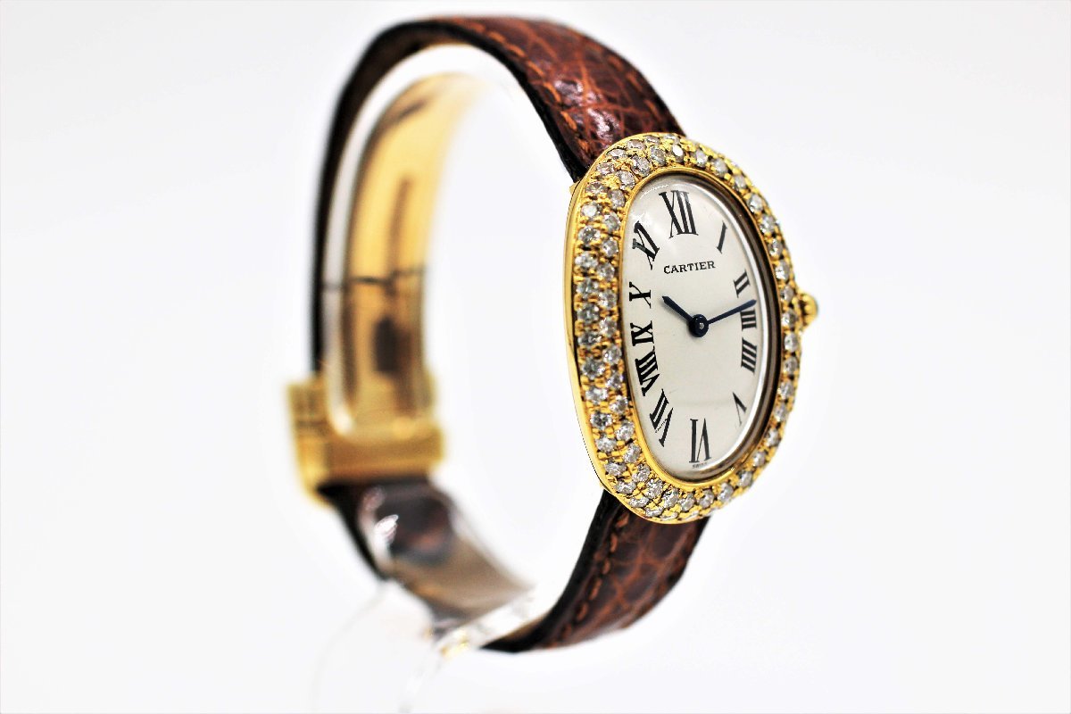 [. орнамент часы ] наручные часы Cartier Baignoire after бриллиантовая оправа YG× кожа ремень K18YG D пряжка кварц б/у товар 