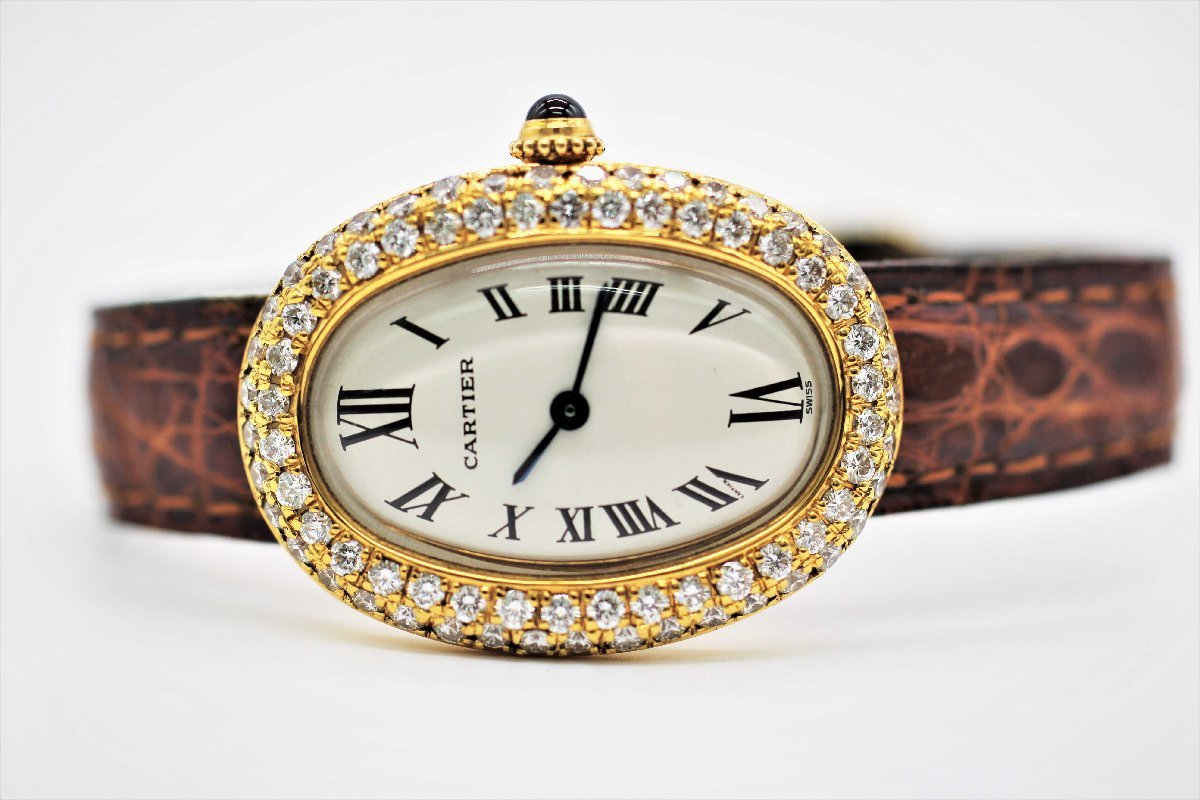[. орнамент часы ] наручные часы Cartier Baignoire after бриллиантовая оправа YG× кожа ремень K18YG D пряжка кварц б/у товар 