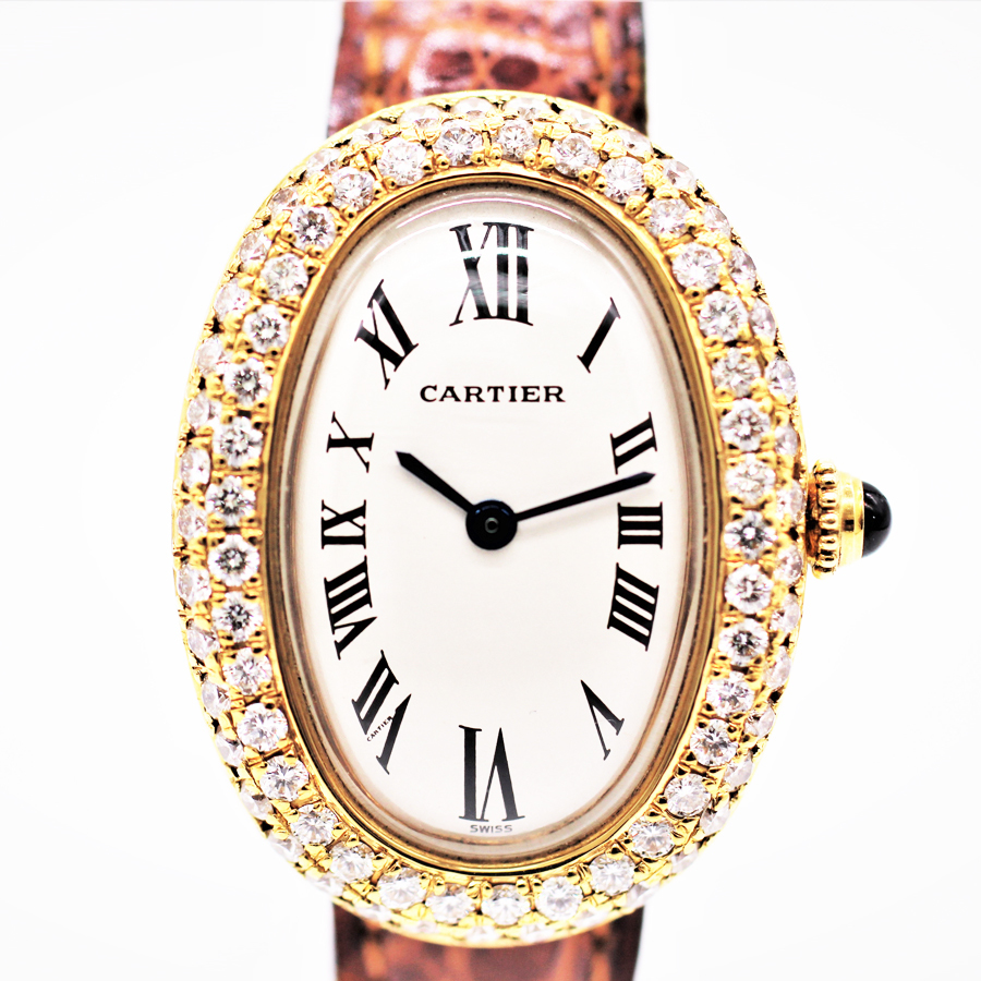 [. орнамент часы ] наручные часы Cartier Baignoire after бриллиантовая оправа YG× кожа ремень K18YG D пряжка кварц б/у товар 