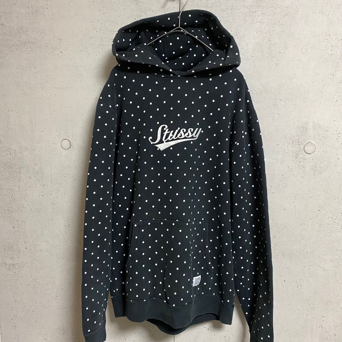 STUSSY/ステューシー　ドット柄　プルオーバーパーカー　裏起毛　黒　ブラック　レアデザイン　ユニセックス　M 古着　ストリート