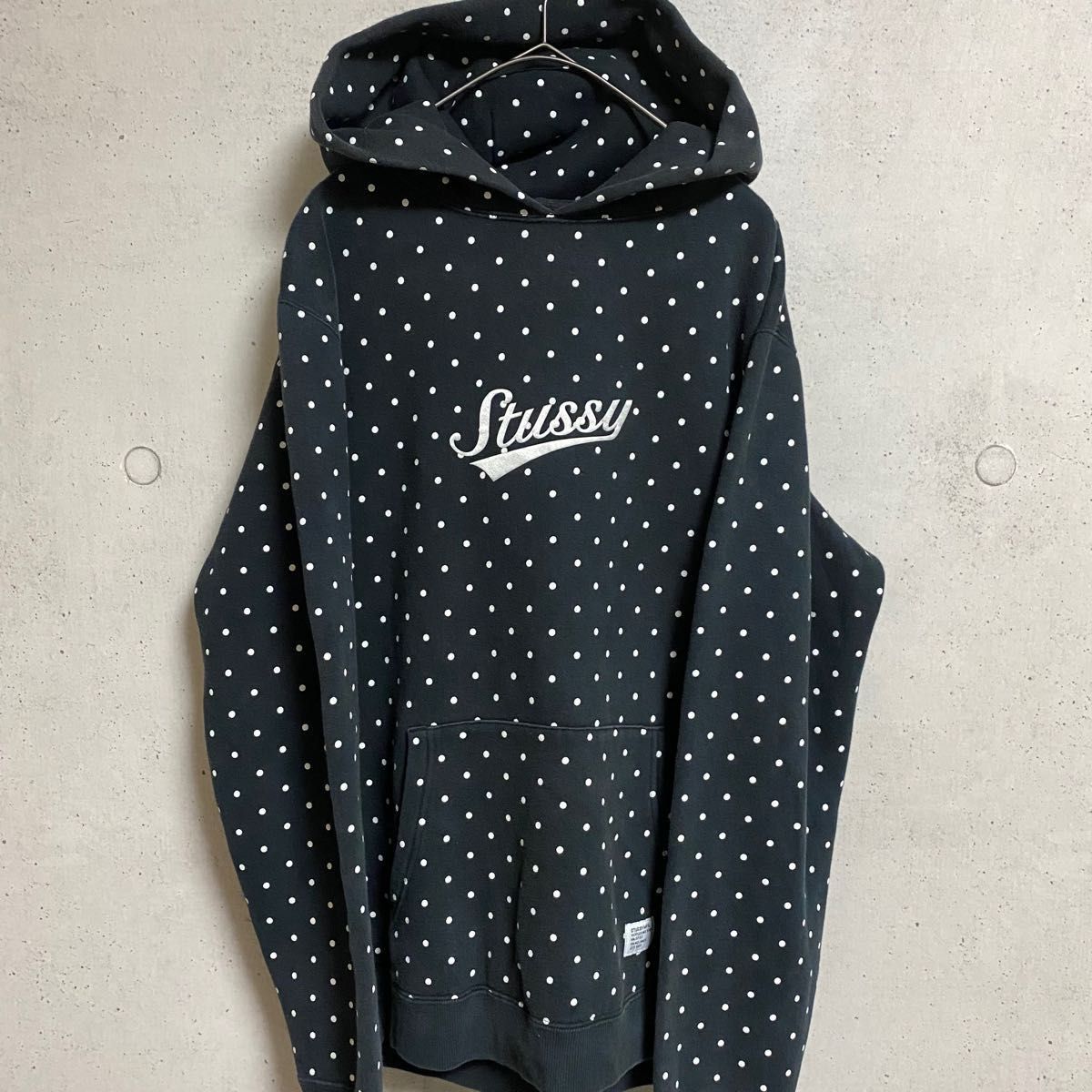 STUSSY/ステューシー　ドット柄　プルオーバーパーカー　裏起毛　黒　ブラック　レアデザイン　ユニセックス　M 古着　ストリート