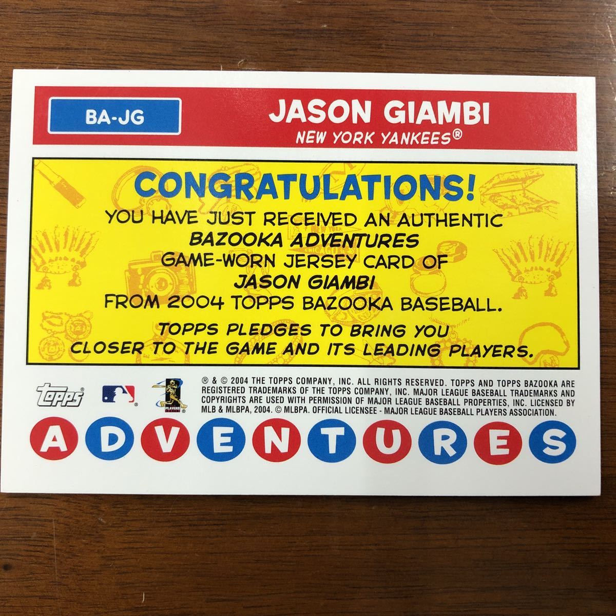 １円オークション ジェイソン ジアンビ TOPPS ジャージカード Jason GIAMBI_画像2