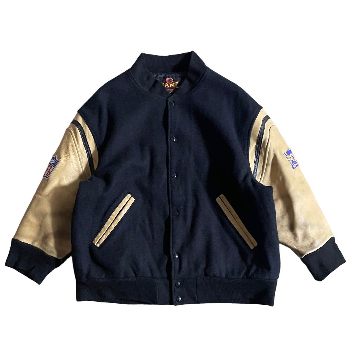 レア【90s USA製 GAME NFL ON FOX スタジャン XL】ビンテージ スタジアム ジャケット 袖レザー 袖革 VARSITY butwin delong 古着 40s 50s