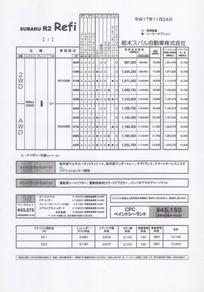 スバル R2 Refi カタログ 栃木スバル自動車株式会社平成17年価格表付 SUBARU R2 レフィ_画像3