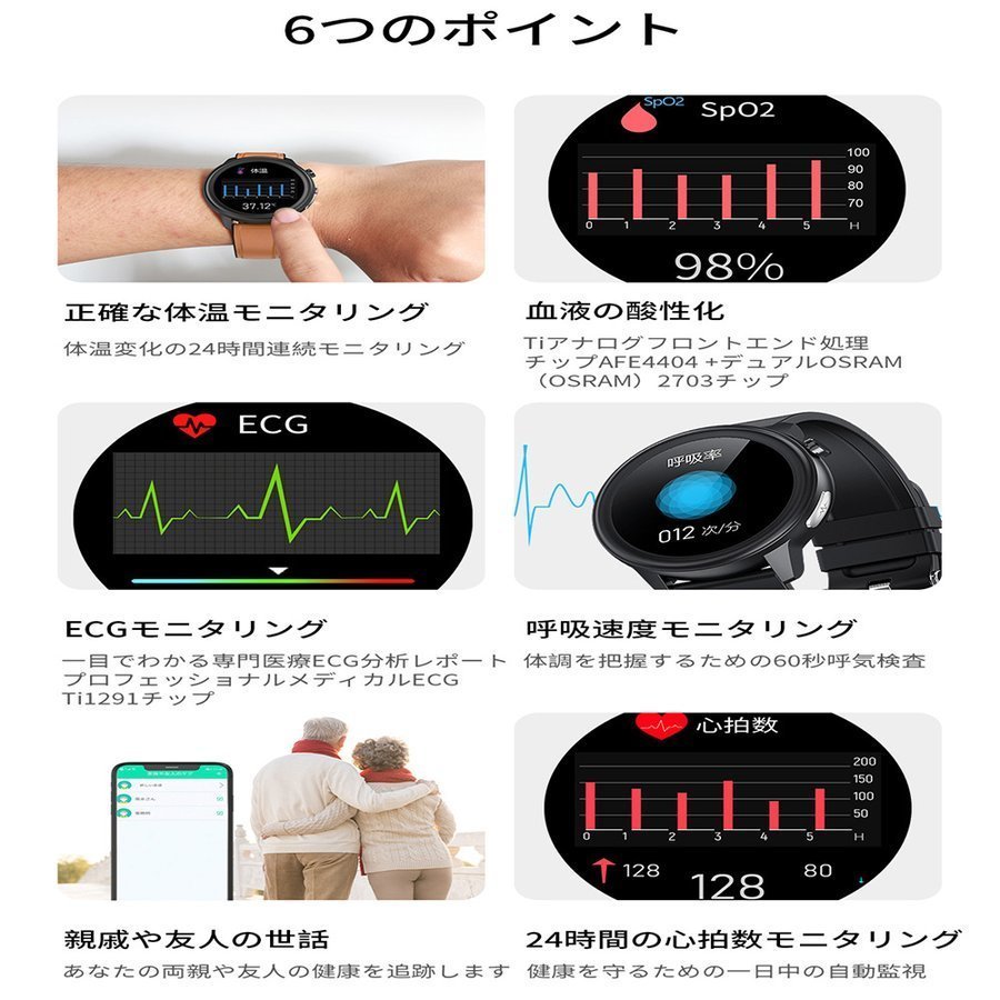 即納 スマートウォッチ 日本製センサー 心電図 体温測定 心拍 血圧 血中酸素濃度計 正確 歩数 日本語 説明書 IP68防水 腕時計 ブレスレット