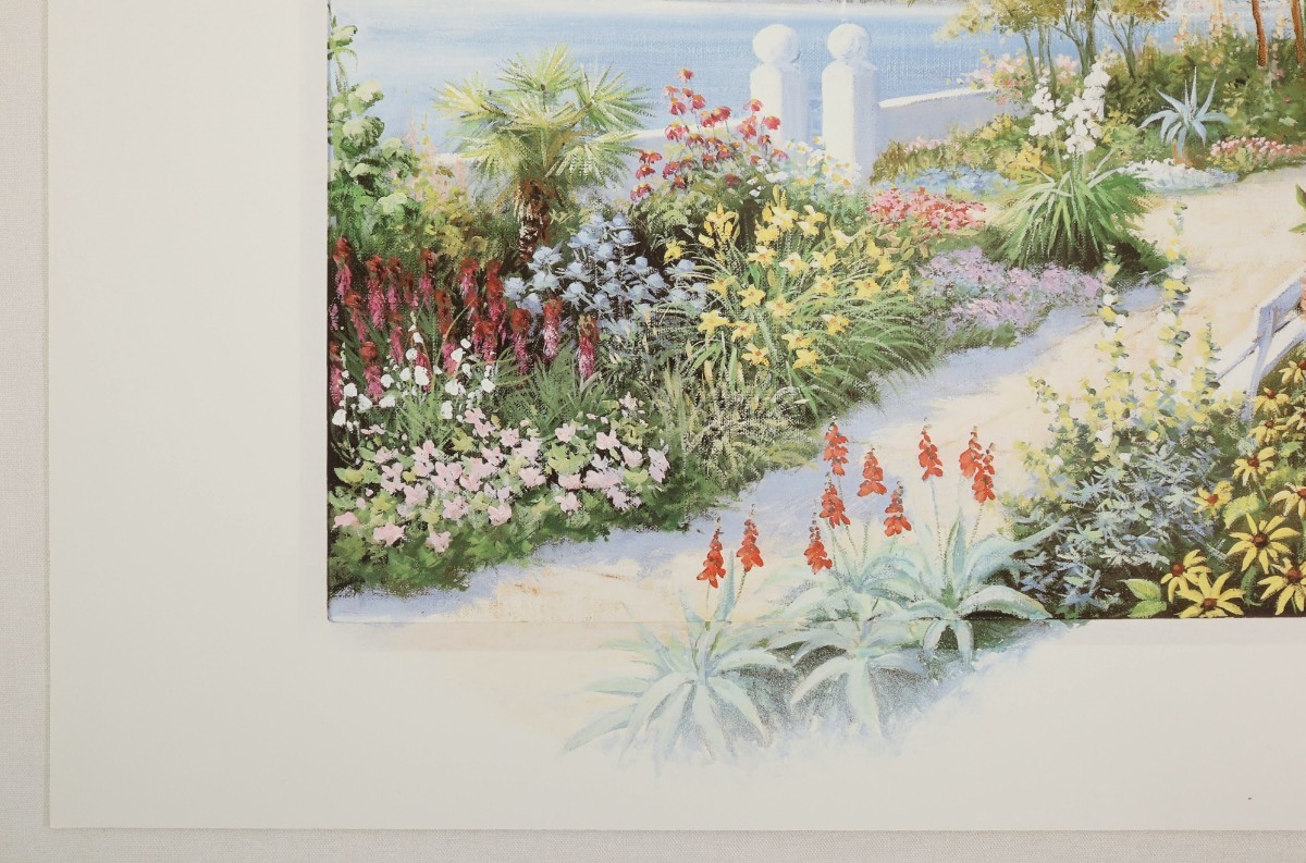 ピーター・モッツ オフセット「ヒドウンパラダイス」画寸 58cm×48cm オランダ人作家 海岸を望む丘の上にある素敵な花々に囲まれた庭 7240_画像4