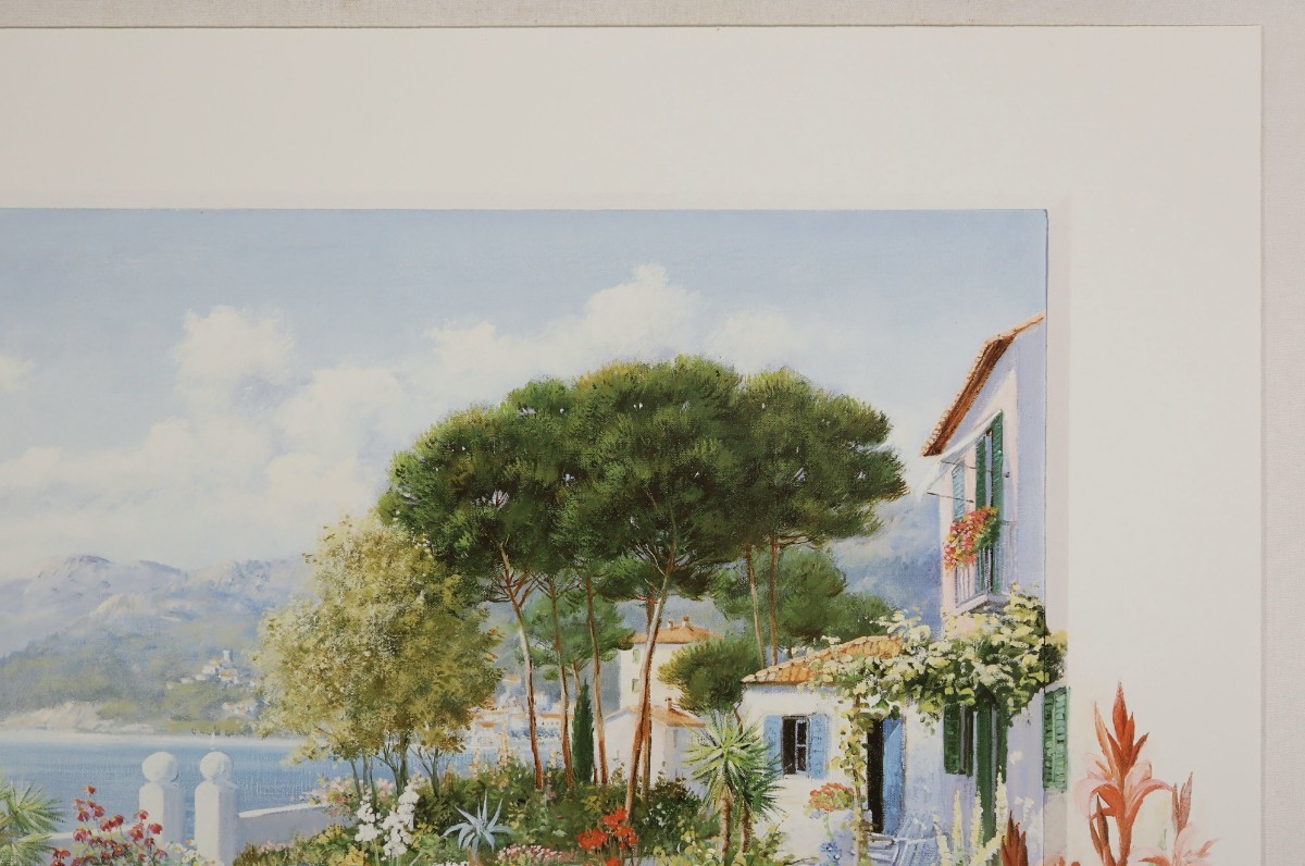 ピーター・モッツ オフセット「ヒドウンパラダイス」画寸 58cm×48cm オランダ人作家 海岸を望む丘の上にある素敵な花々に囲まれた庭 7240_画像7