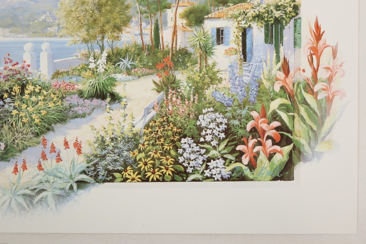 ピーター・モッツ オフセット「ヒドウンパラダイス」画寸 58cm×48cm オランダ人作家 海岸を望む丘の上にある素敵な花々に囲まれた庭 7240_画像5