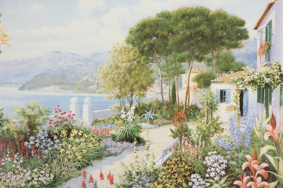 ピーター・モッツ オフセット「ヒドウンパラダイス」画寸 58cm×48cm オランダ人作家 海岸を望む丘の上にある素敵な花々に囲まれた庭 7240_画像3