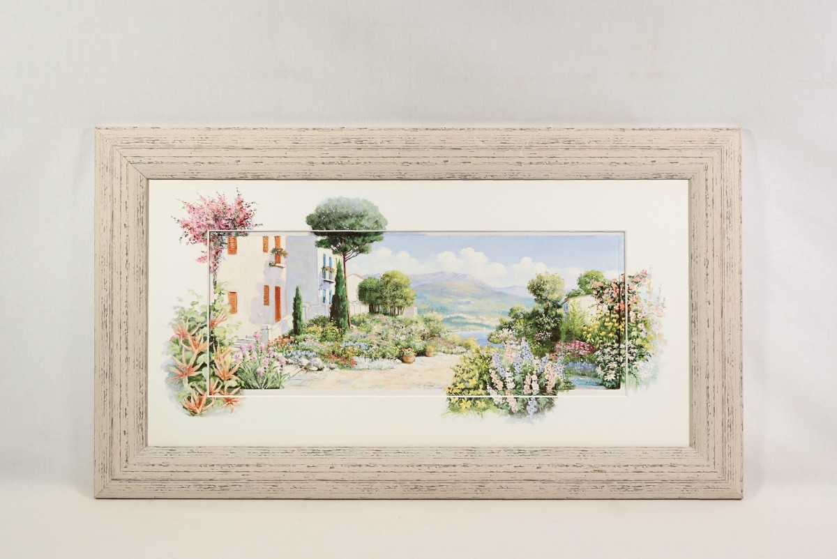 ピーター・モッツ オフセット「フェイバリットビュー」画寸 69×34cm オランダ人作家 海岸を望む丘の上にある素敵な花々に囲まれた庭 7239