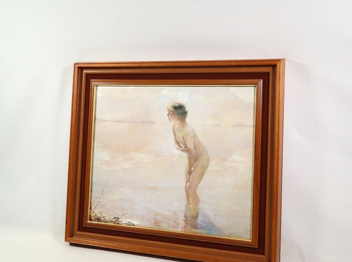 ポール・シャバ 複製「九月の朝」画寸 F10 仏人作家 若い女性が恥じらう姿勢で浅瀬の水面に立つ様子 様々な論争を巻き起こした問題作 7272_画像10