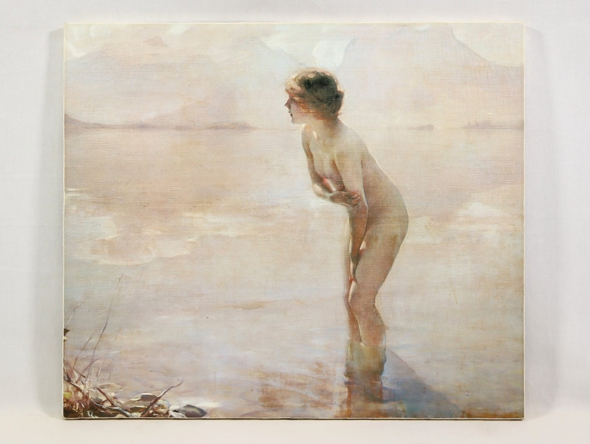 ポール・シャバ 複製「九月の朝」画寸 F10 仏人作家 若い女性が恥じらう姿勢で浅瀬の水面に立つ様子 様々な論争を巻き起こした問題作 7272_画像2