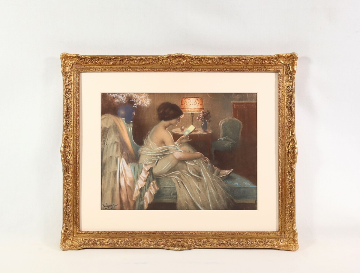 デルファン・アンジョルラス 複製「いこい」画寸 37×27cm フランス人作家 ランプとレディを描く巨匠 密やかに柔らかく彼女を包み込む 7306