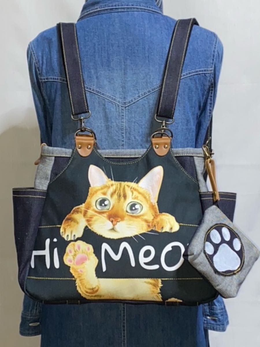 ☆ハンドメイド☆岡山デニム☆帽子猫☆リュック対応☆4wayあおりバッグ