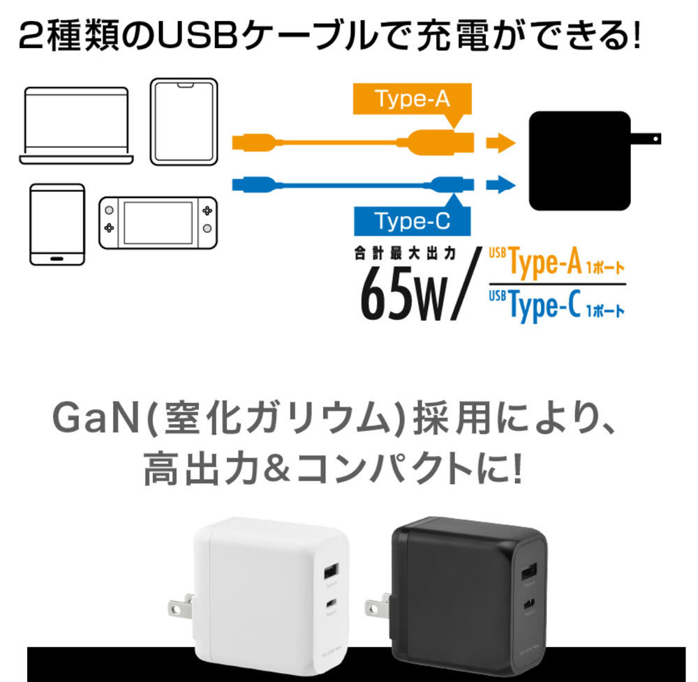 AC-USBアダプタ AC-USB充電器 2ポート Type-A＆C GaN 65W グリーンハウス GH-ACU2GDC-BK/3152_画像5