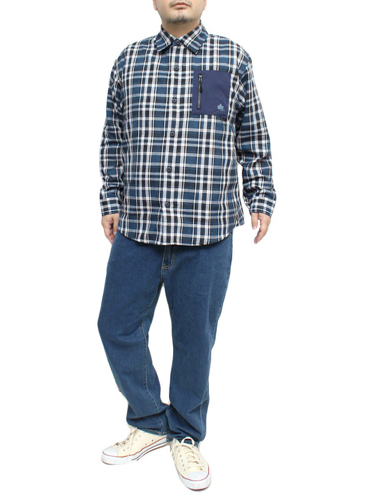 【新品】 3L サックス LOGOS PARK(ロゴス パーク) チェックシャツ メンズ 大きいサイズ ビエラ Dカン ナイロン ポケット付き 長袖シャツ_画像2