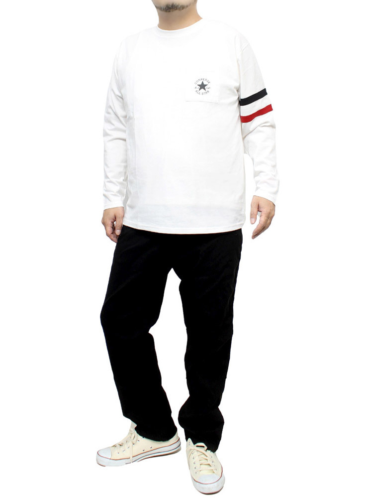 【新品】 4L ホワイト コンバース(CONVERSE) 長袖Tシャツ メンズ 大きいサイズ 袖ライン ロゴ プリント ポケット付き クルーネック カット_画像2