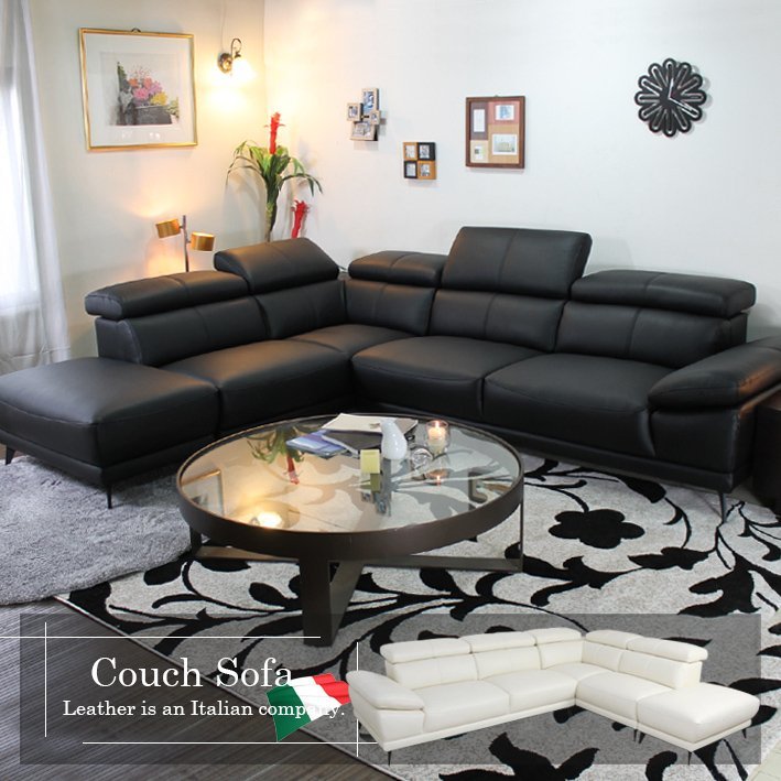 [送料 搬入設置無料] 新品 未使用 大きい カウチソファ イタリア社製厚革 ブラック [カウチ座：座って右] Vito-2p-couch-ot m99