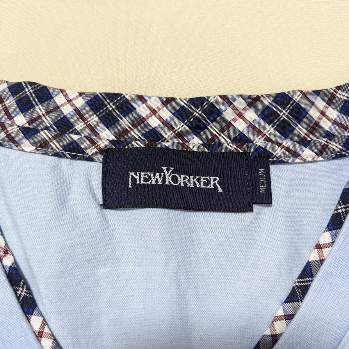 +PQ14 NEWYORKER ニューヨーカー メンズ M 半袖 Tシャツ カットソー 水色 ブルー Vネック 胸ポケット_画像5