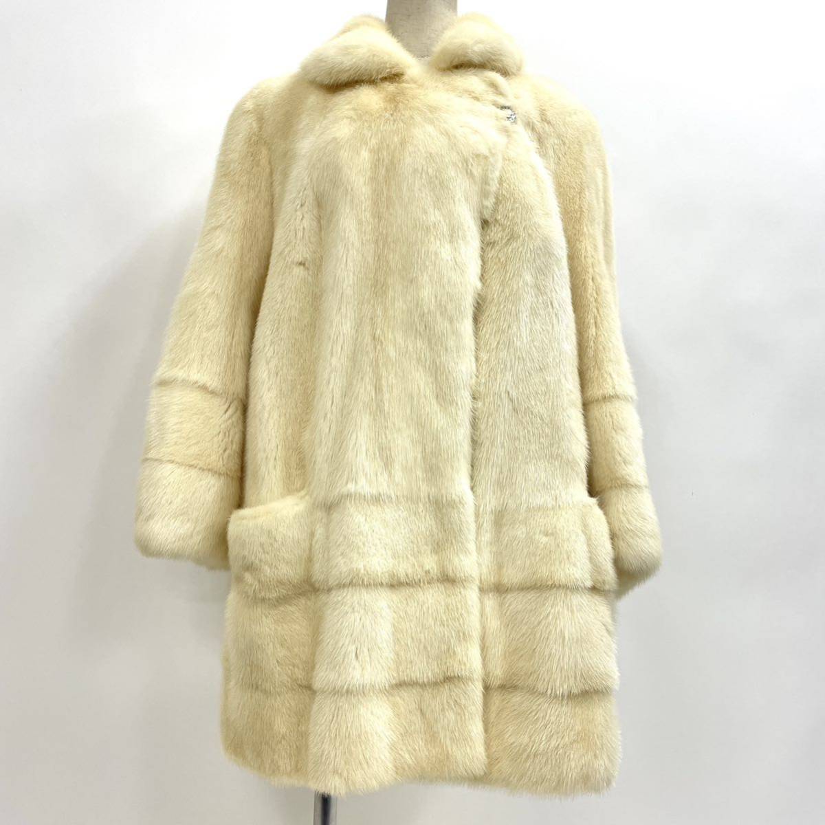 【七福】fk1852 セミロングコート デザインコート ミンクコート ホワイトミンク 貂皮 mink身丈 約 80cm