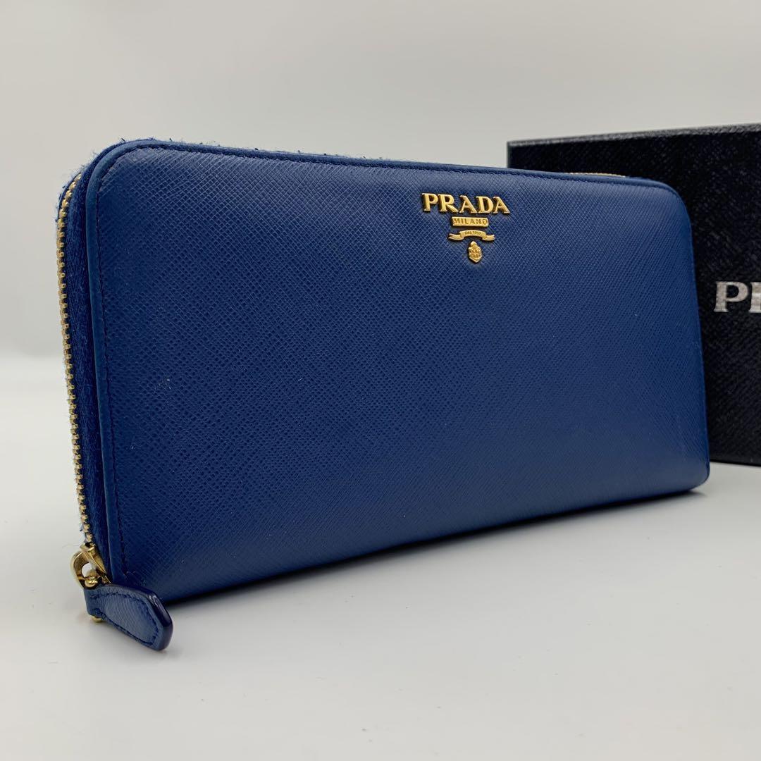 極美品 プラダ prada 長財布 ラウンドファスナー 金具 サフィアーノレザー 青 メンズ