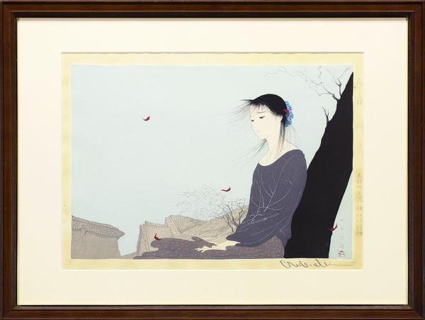 真作】【WISH】中島潔「風ことば」木版画 6号大 直筆サイン 美人 真作】【WISH】中島潔「風ことば」木版画 6号大 直筆サイン 美人