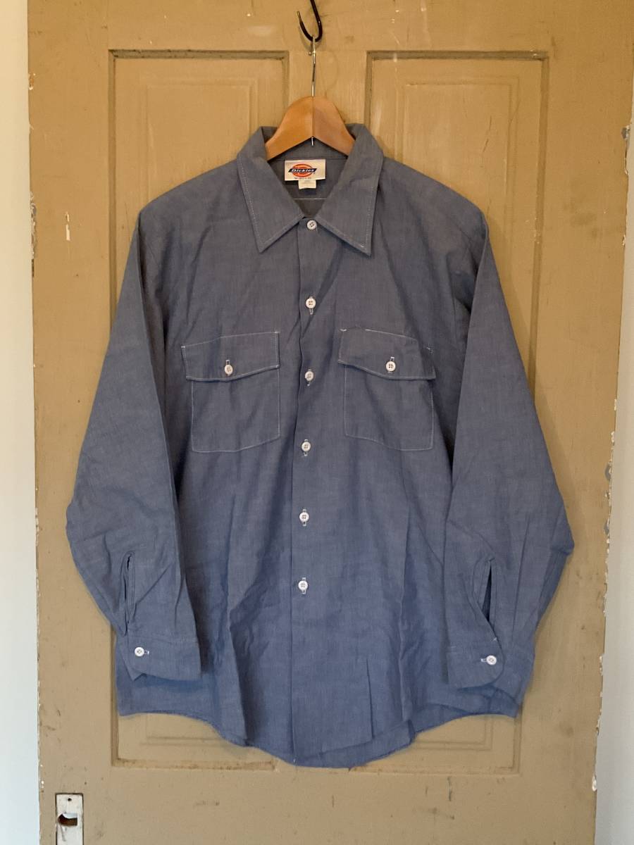 美品 70s USA製 Dickies デッキーズ ビンテージ シャンブレー ワーク シャツ 白タグ L