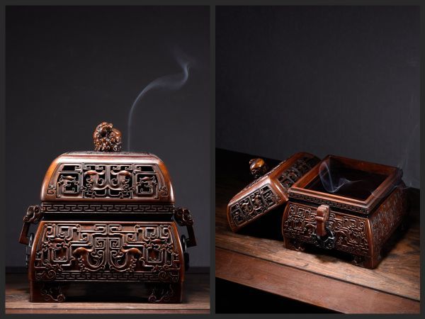 【瓏】小葉黄楊の木彫 薰炉 時代物 極細工 手彫り 置物 擺件 中国古美術 蔵出