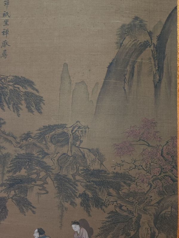 瓏】「唐寅作 人物故事図」明代画家 肉筆絹本 真作 掛け軸 書画立軸