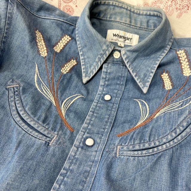 sh●448 レトロ古着 70s Wrangler 刺繍ウエスタンデニムシャツ M～L ラングラー オールド ヴィンテージ 経年変化 カウボーイ オリジナル